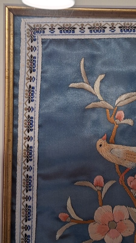 Vtg. Chinese Silk Embroidery, Birds, Flowers, Butterflies, Wall Art, (52cm×47cm) gallery