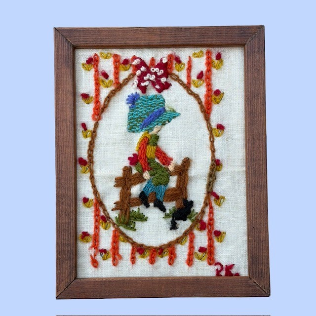 Vintage Framed Embroidery Art Boy & Cat on Fence Hand Stitched Textile gallery