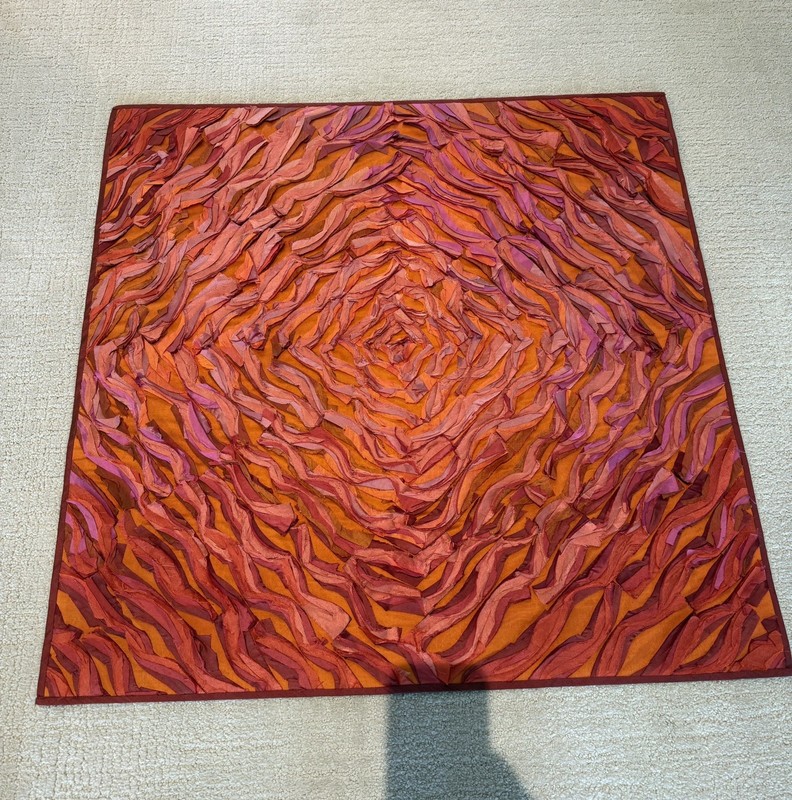 Estate Tim Harding Rose Spiral 32″ Square Red Orange Silk Fiber Art Wall Hanging