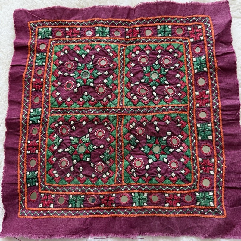 Vintage Afghan Mirror Embroidery Textile Panel Shisha Folk Art 11.5”