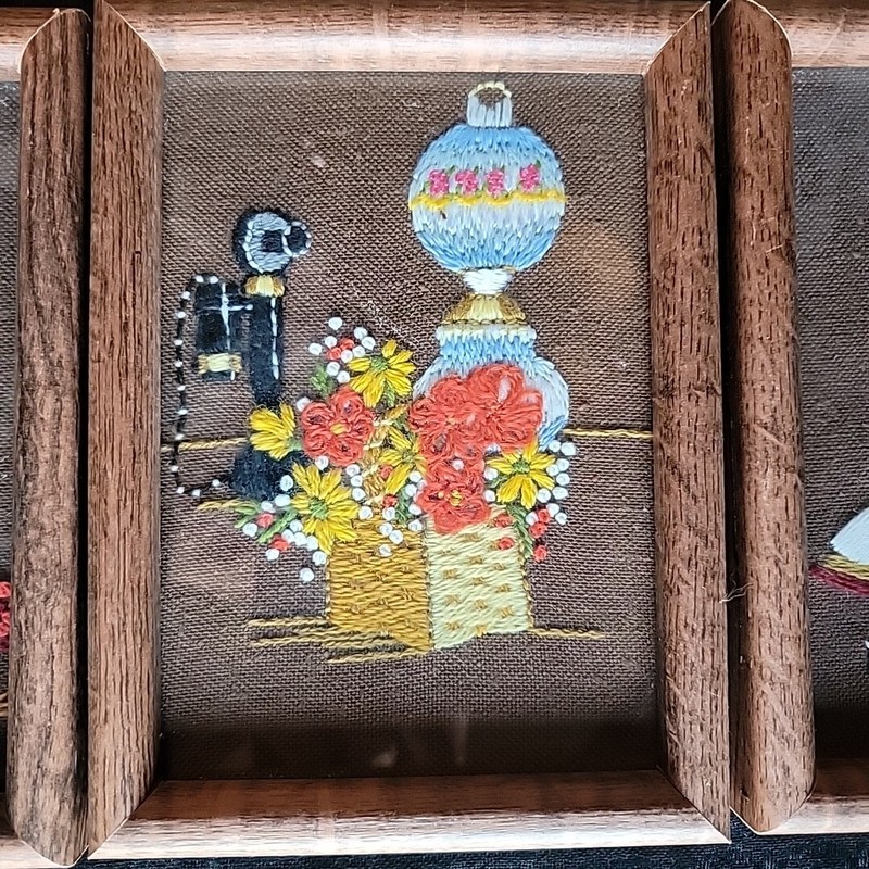 Kitschy 3 framed pictures Needle Point Antique scene gas lamp old fashioned Phon gallery