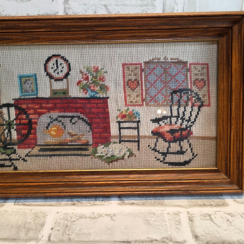 Needlepoint Vintage Grandma's House Fireplace, Cat, Custom Framed 10"x22" 1964 gallery