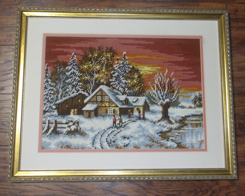 Hand‑stitched textile art winter landscape, frame measures 21 1/4" x 16 3/4"