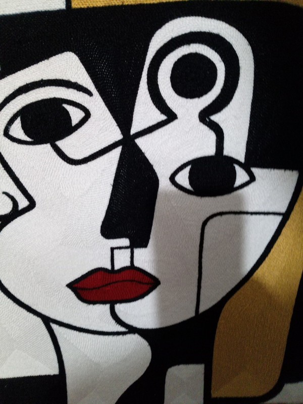 Embroidered Textile Abstract Face Cubist Crewel Work Unframed 17.5 "X 17.5 " gallery