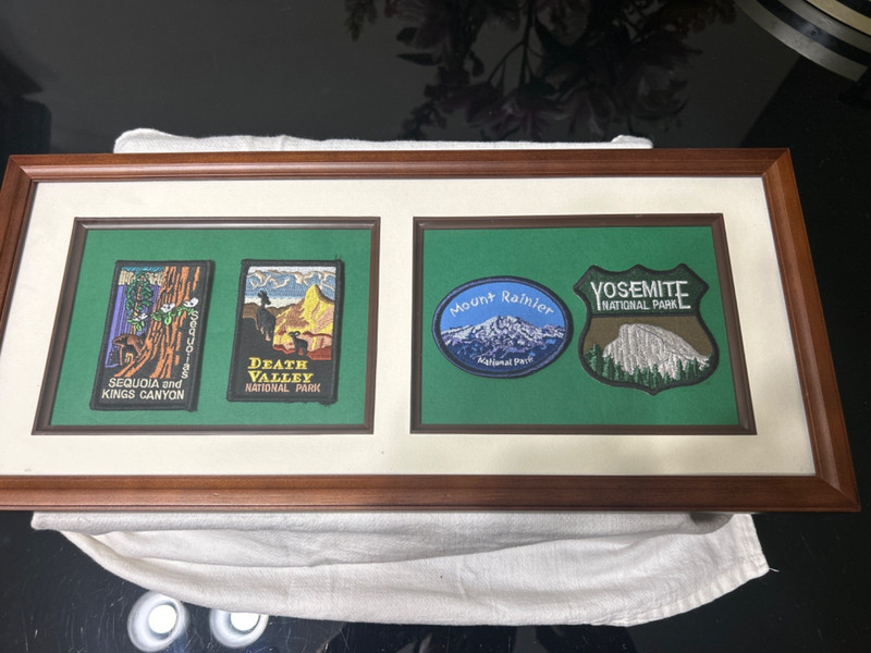 Framed National park patchs by Uniek inc, Sequoia, Dvalley, Mt Rainier, Yosemite
