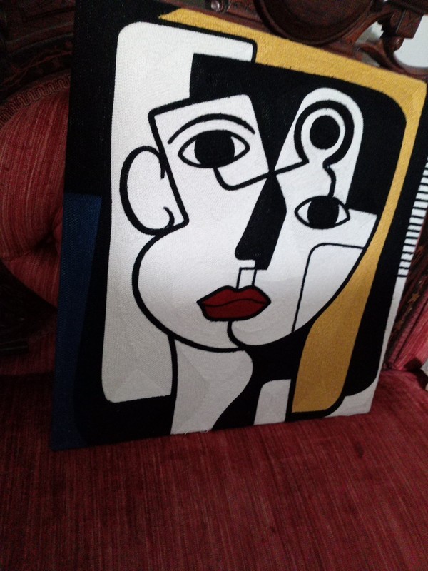 Embroidered Textile Abstract Face Cubist Crewel Work Unframed 17.5 "X 17.5 " gallery