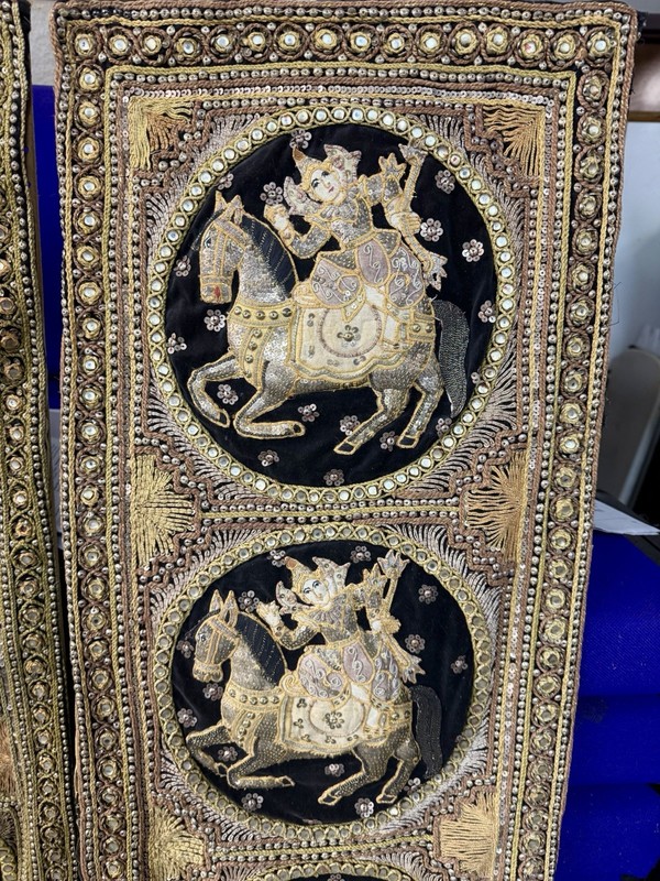 Large 60” Pair Thai Burmese Kalaga Embroidery Panels Gold Thread Sequins gallery