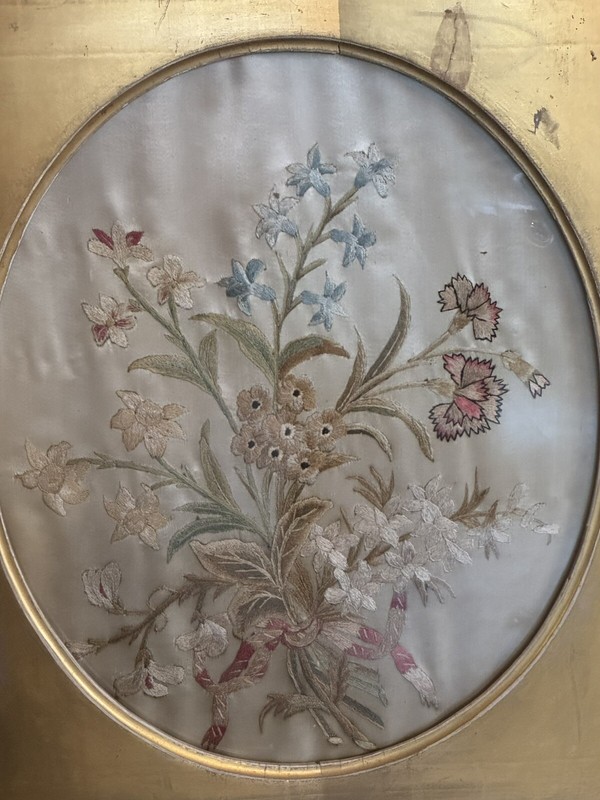 Antique Circa 1800 Silk Floral Embroidery in Water Gilt Frame gallery