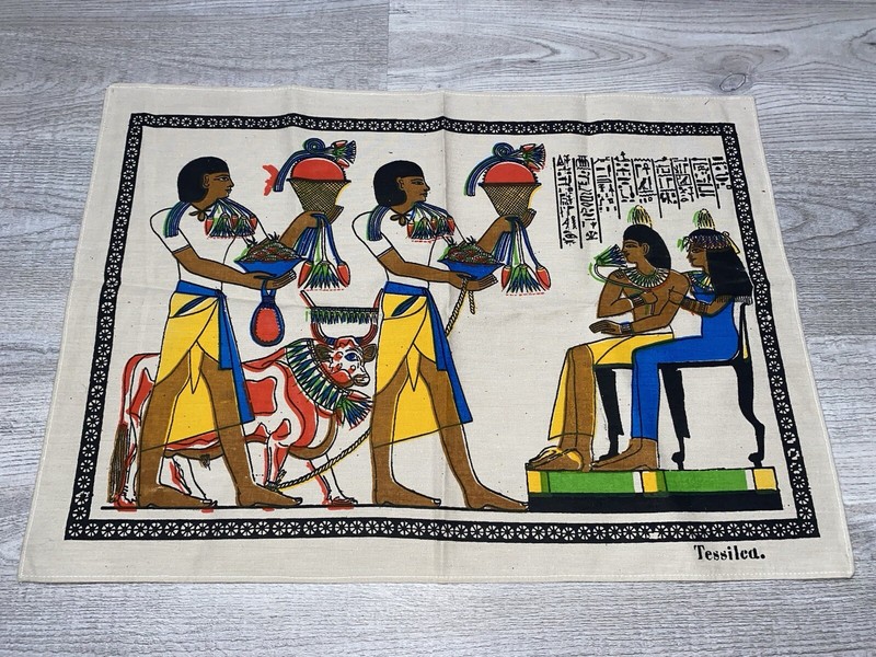Vintage Egyptian Revival Textile Wall Hanging Linen Tapestry Lot of 2 gallery