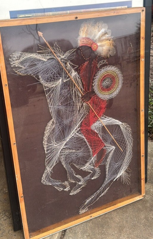 Framed Mid-Century String Folk Art of Indian on Horse 27-1/2 x 18-3/4 Plexiglass