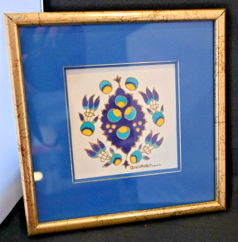 Traditional Turkish Art Painted on Silk Fabric Blue and Gold Framed 10" x 10" gallery