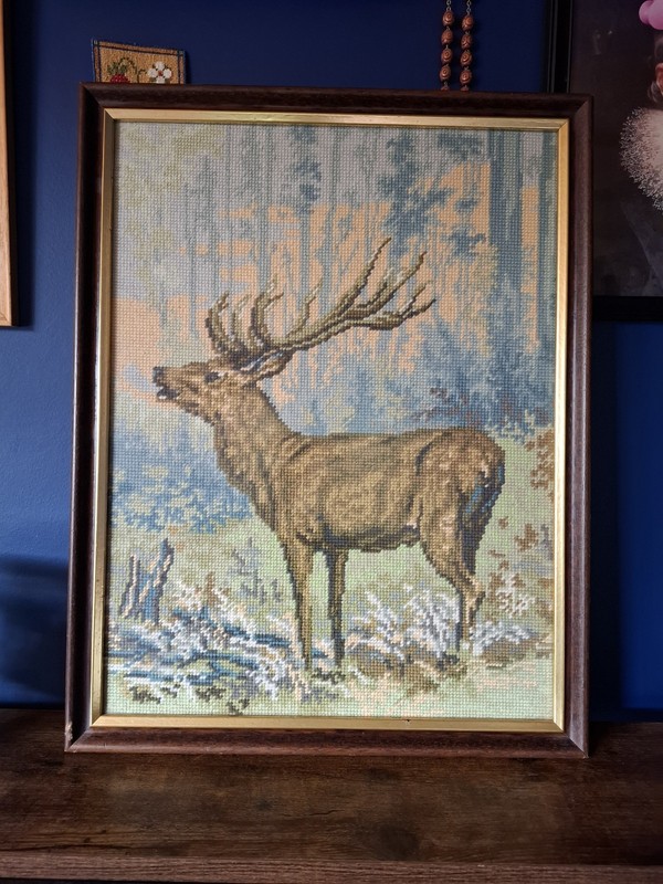 Large Vintage Embroidery Woodland Pastoral Deer Tapestry Framed elk cross stitch