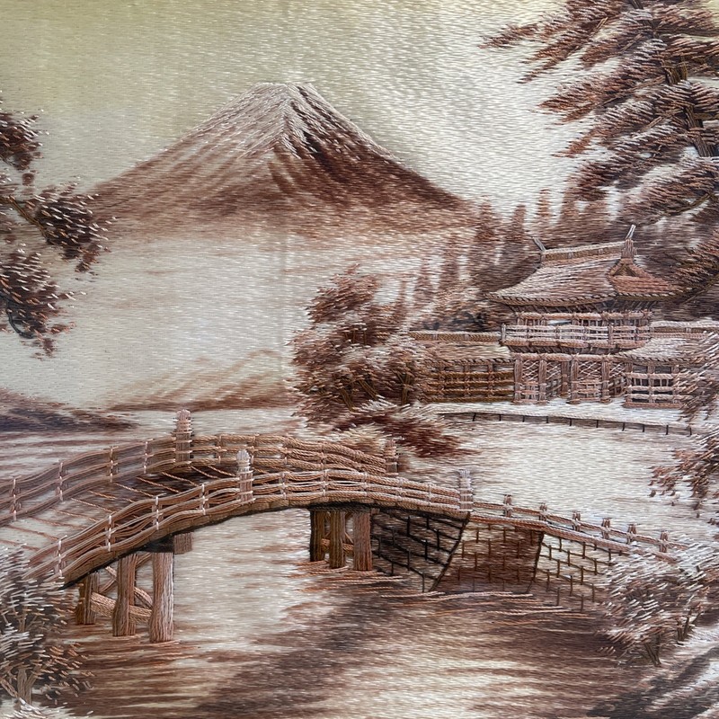 Vintage Japanese Silk Embroidery Pictures Mountain Stream Bridge House - Pair gallery