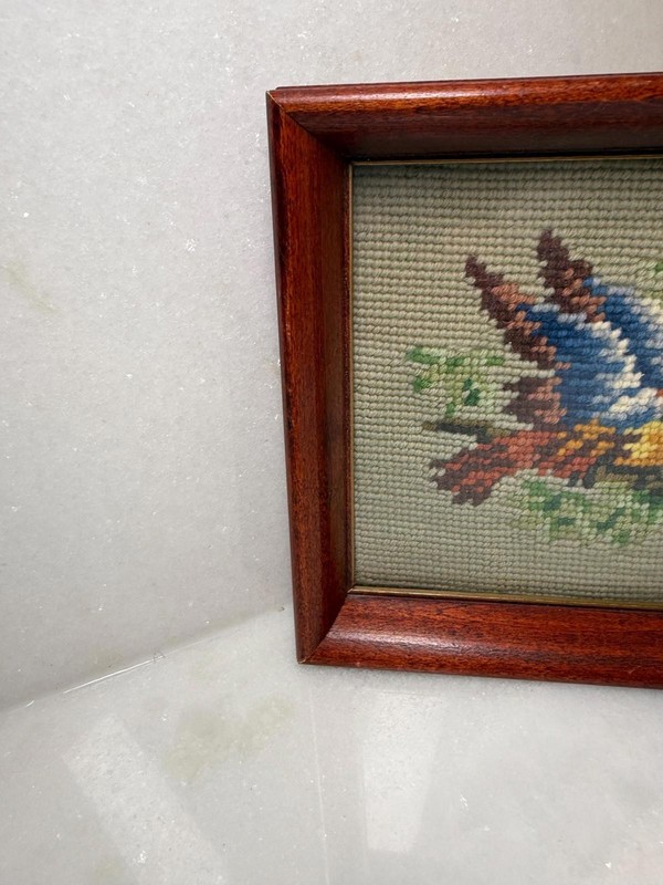 Vintage needlepoint cross stitch bird embroidery framed under glass gallery
