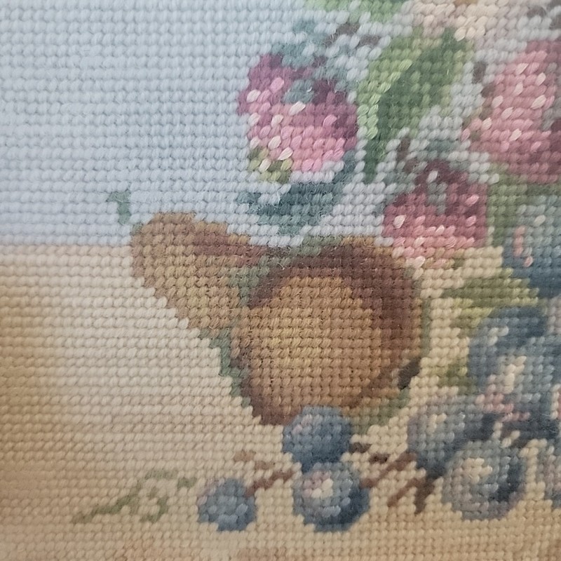 Antique dark wood frame Needle point cornecopia handmade Kitschy Eclectic 18x12" gallery