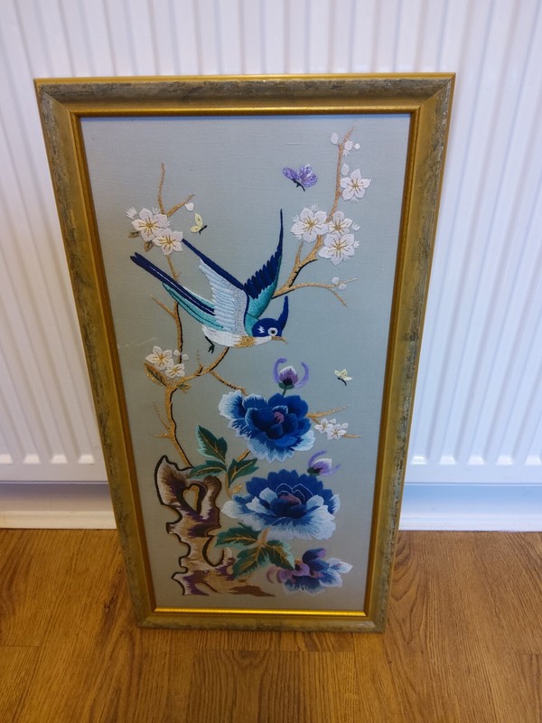 Vintage Embroidered Tapestry Picture. Birds And Flowers. Framed.