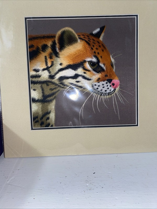 Susho King Silk Art. 100% Handmade Silk Embroidery. Unframed. Ocelot Cat Silk At