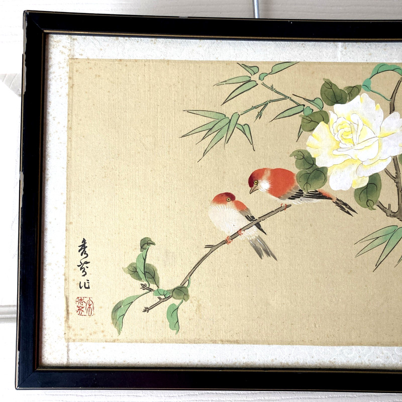 Vintage 12"x9" Japanese Art Orange Robins Birds on Branch Painted Silk Framed gallery
