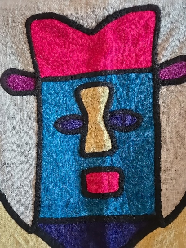 Bolivian Vtg Linen & Wool Applique Figure Wall Hang Art Large 39x20" Handmade gallery