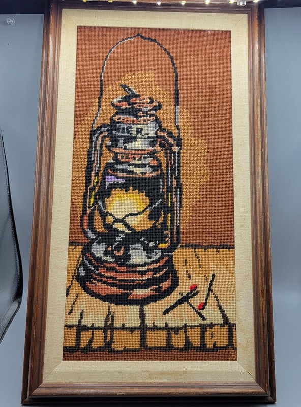Vtg Rustic Barn Wood Framed Needle Work Wall Art Brown Lantern Hand Made 12″x21″