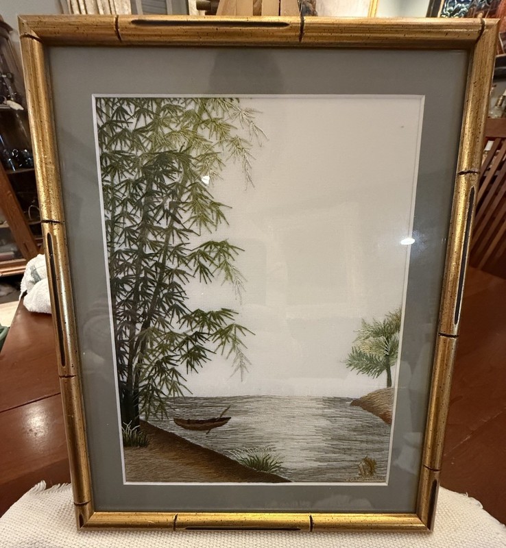 XQ VIETNAM SILK HAND EMBROIDERY ART BOAT BAMBOO RIVER 22” professionally framed