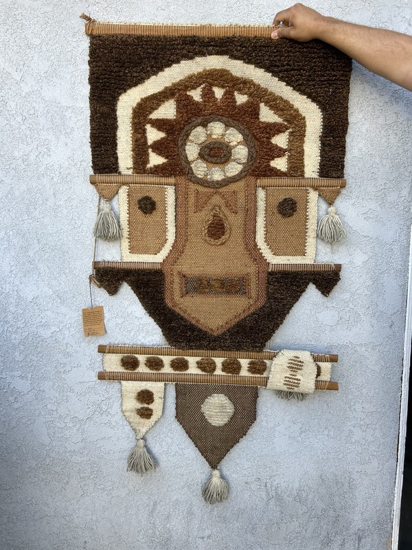 1970s Vintage Don Freedman Tapestry Woven Art Deco Textile Wall Hanging Folk
