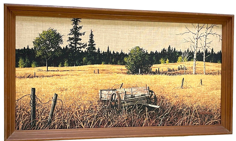 VTG R. Batchelder Signed Framed Linen Autumn Scene Fabric Print Large 33”x 18”