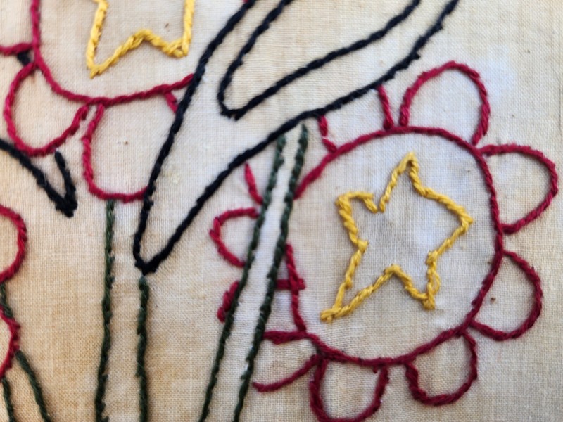 Handmade Primitive Stitched Textile Framed Americana Art Crows Flowers gallery