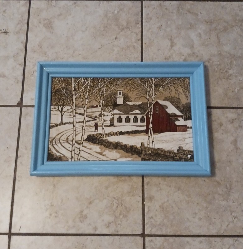 Vintage Kay Dee Hand Prints 100% Pure Linen Framed Church Barn Snow Scenery