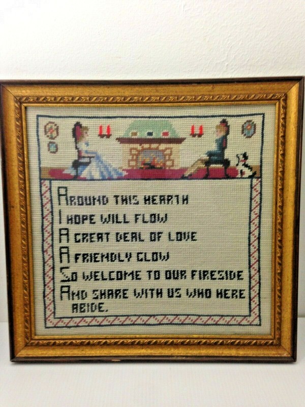 Vintage Mid Century Framed Needlepoint Art Around This Hearth Size 15 x 15