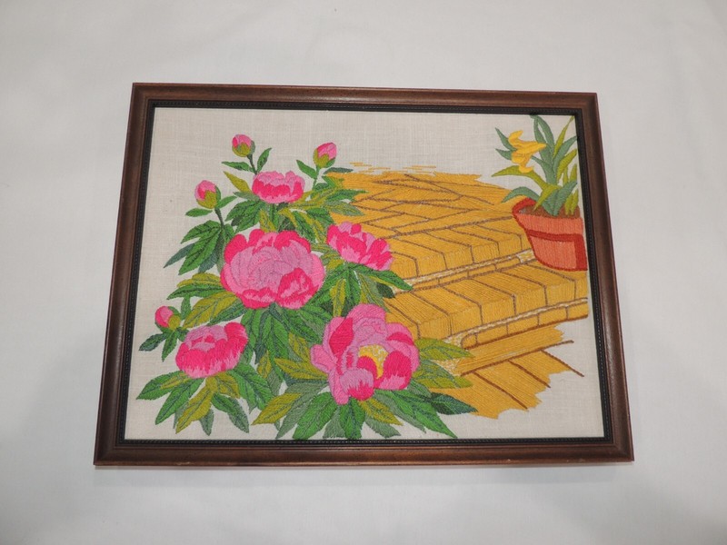 Vintage French? Embroidery Landscape Wall Art Flower Framed 17"X 13" gallery