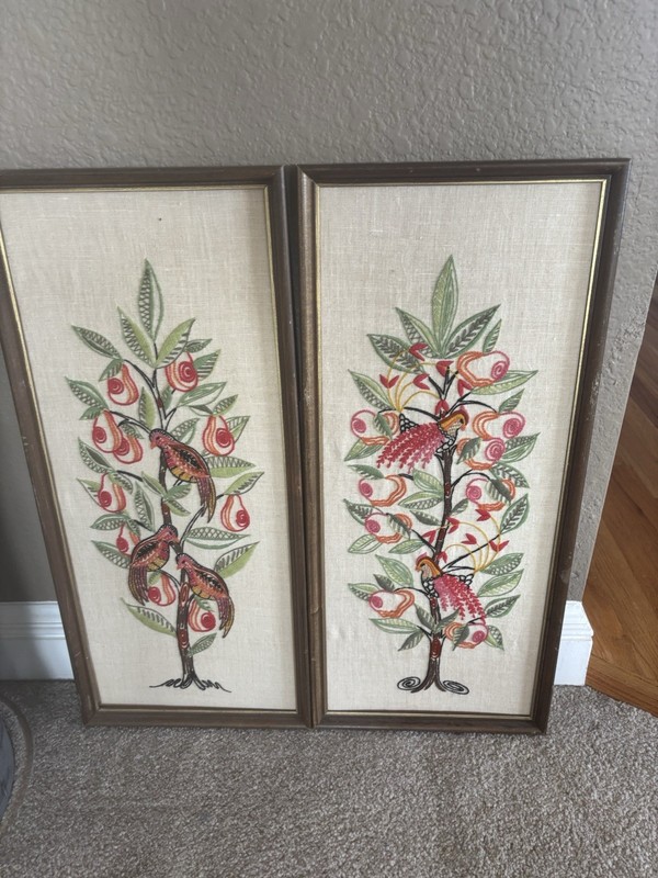 Vintage Mid Century Bird Embroidery Wall Art Set Of Two