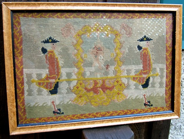19th Century Framed Petit Pointe w/ Two Men Carrying a Female in a Carriage
