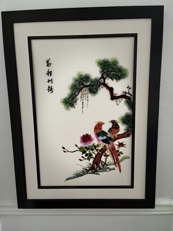 large silk embroidery “Birds Of paradise In bonsai Tree”