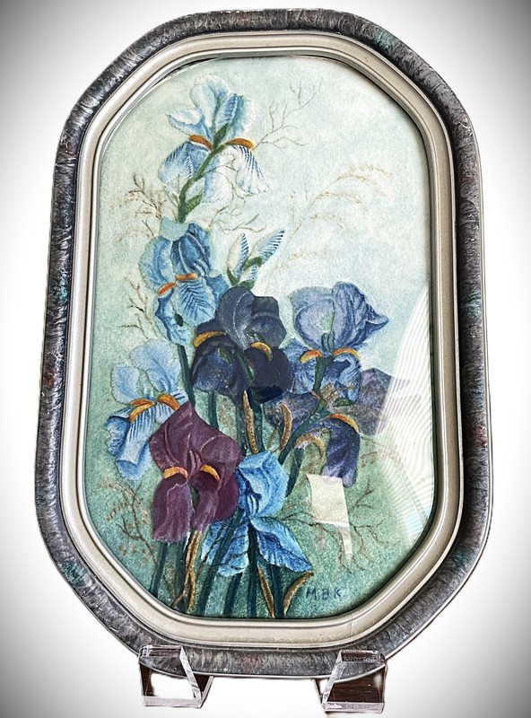 Vintage Folk Art Textile Needle Felted Work Bearded Iris Framed Convex Glass