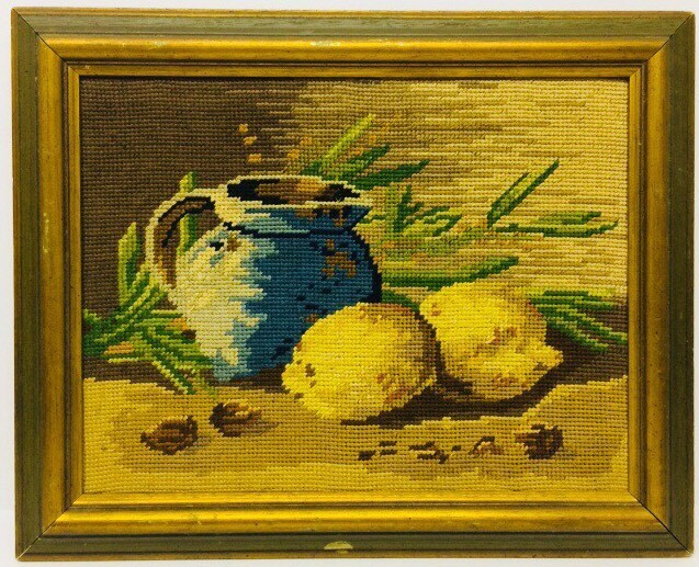 Vintage Fabric Wall Art Fruit Pitcher Lemons Framed Burlap Mid Century Textile