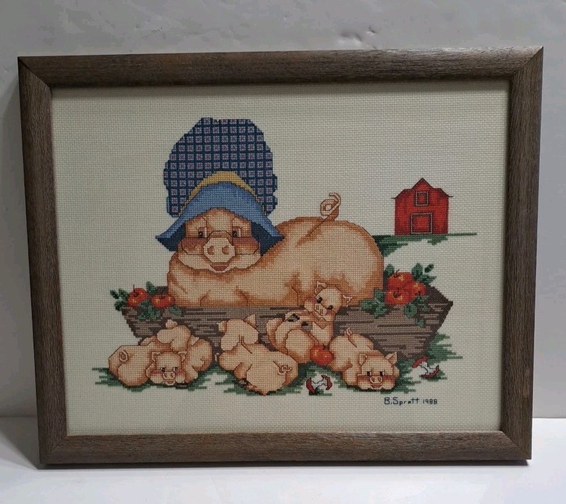 Vintage Pig Themed Needlepoint Art Framed