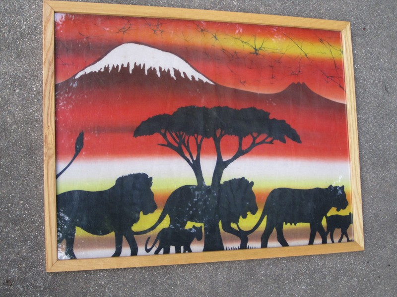 Lions in African Landscape Dramatic Original Batik Mount Kilimanjaro silhouettes