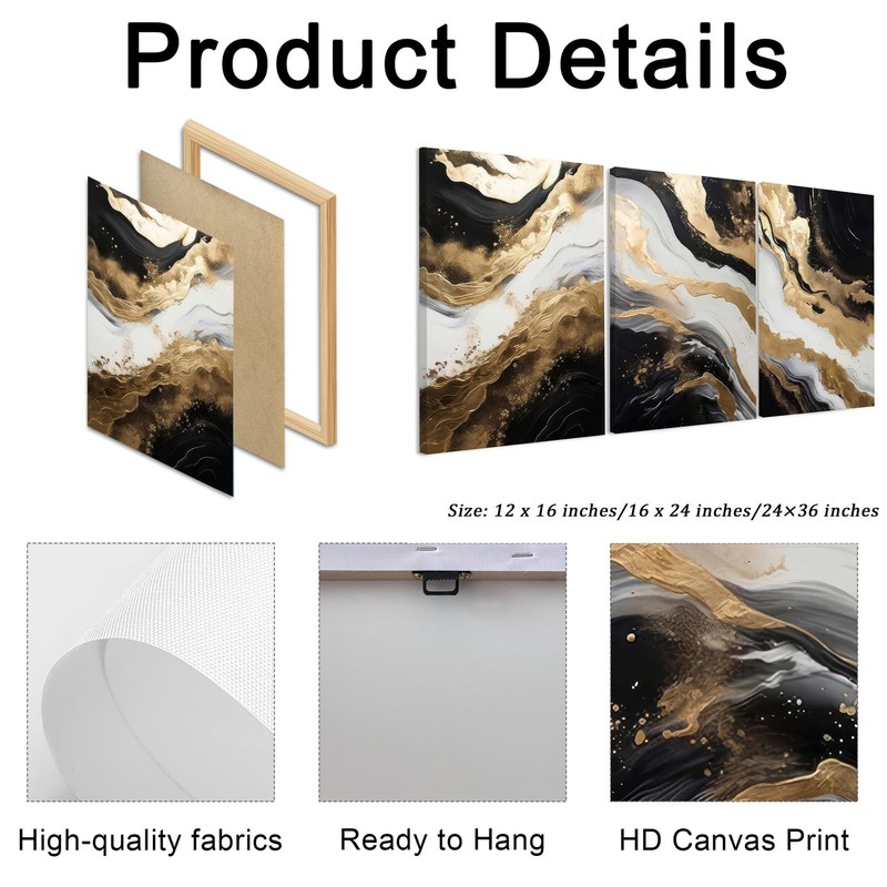 Palette Dreams 3 Piece Framed Black and White Abstract Wall Art, Black Gold C... gallery