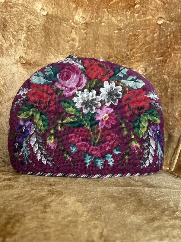 Antique Beadwork Beaded Needlepoint Tea Cosy Victorian Floral Vintage