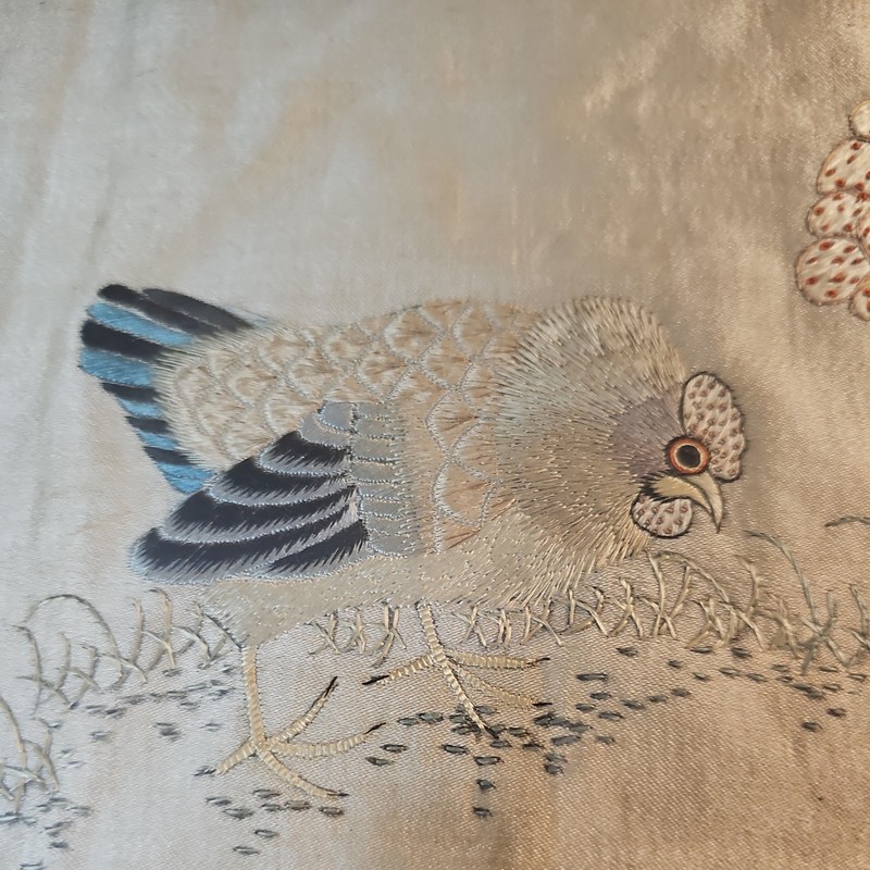 Vintage Asian Silk Embroidery-Very Old- Framed Rooster And Hen, Handmade gallery