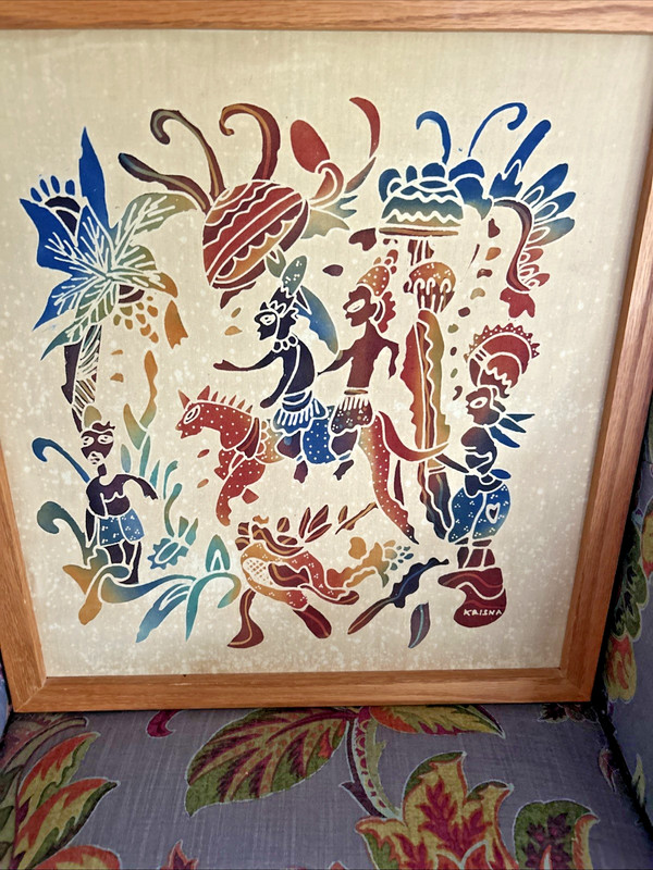 Vintage Batik Textile Stylized Figures Indonesian Art By Krishna Framed 18″ X19″