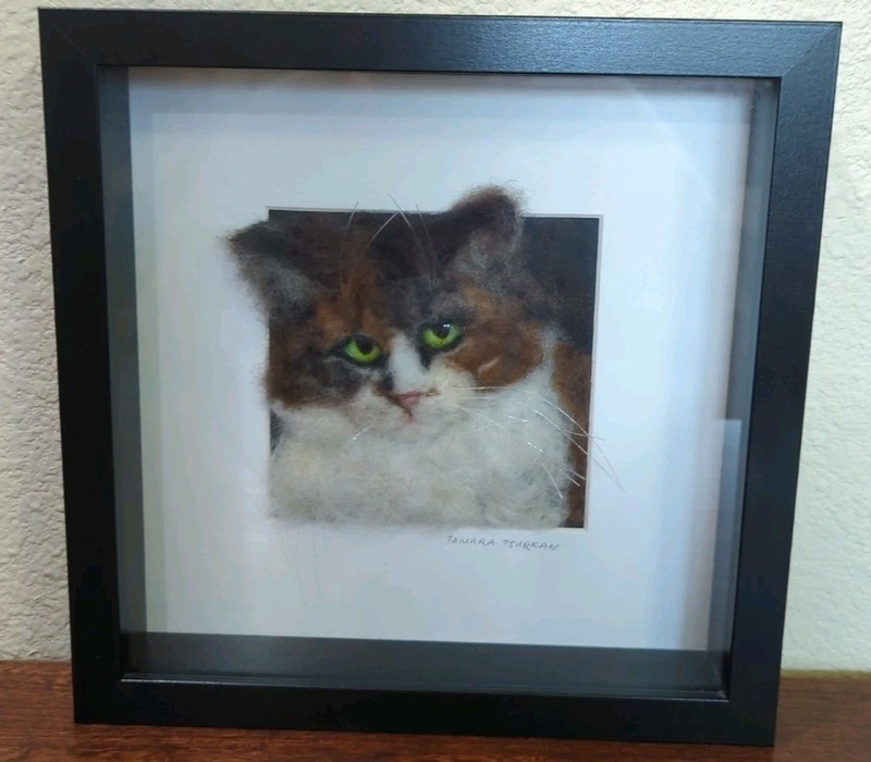Needle Felted Cat Portrait Fiber Art Sig By Tamera Tsurkan Framed Textile Art E3