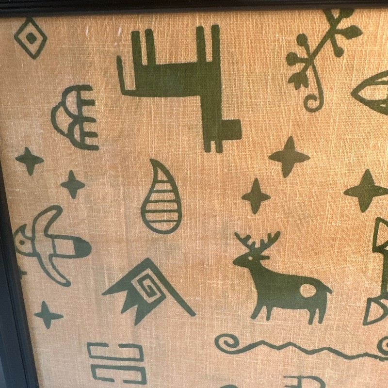 Vintage Fabric Piece Framed Wall Art Green Prehistoric Cave Art – Petroglyph gallery