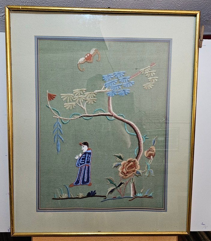 Harris G Strong Needlepoint Asian Chinese Lotus Man Embroidery Wall Art MCM VTG