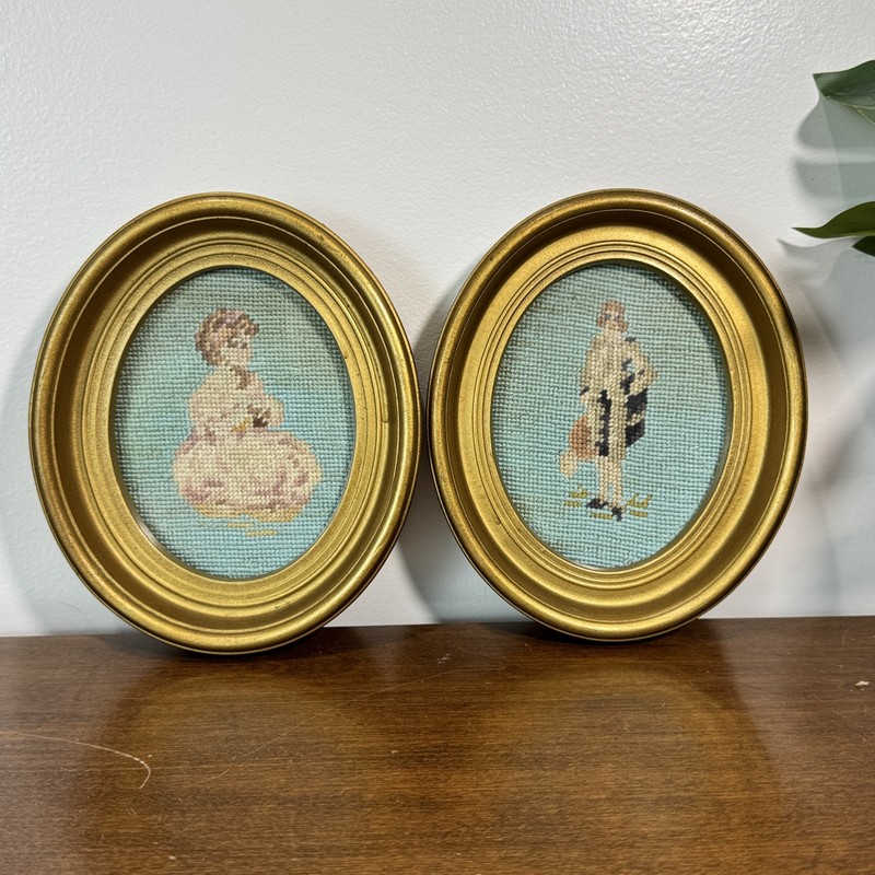 Vintage Needlepoint Petit Point Framed Art Pair Man Woman Gold Oval Frames