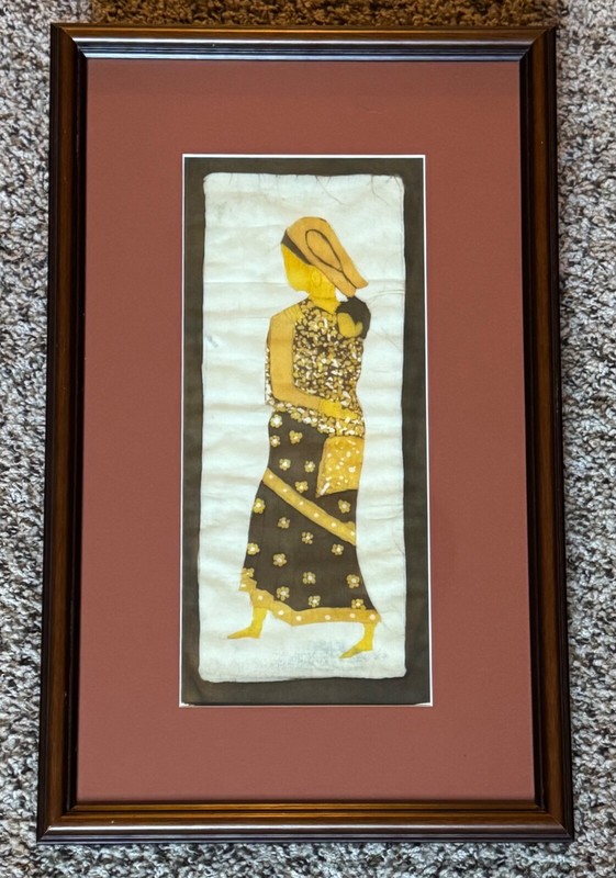 Vintage Batik Fabric Art Framed Asian Textile Wall Decor Mother and Infant Child