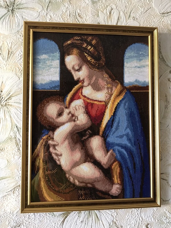 Cross stitch completed Hand made Art Madonna Religious gift Home decor