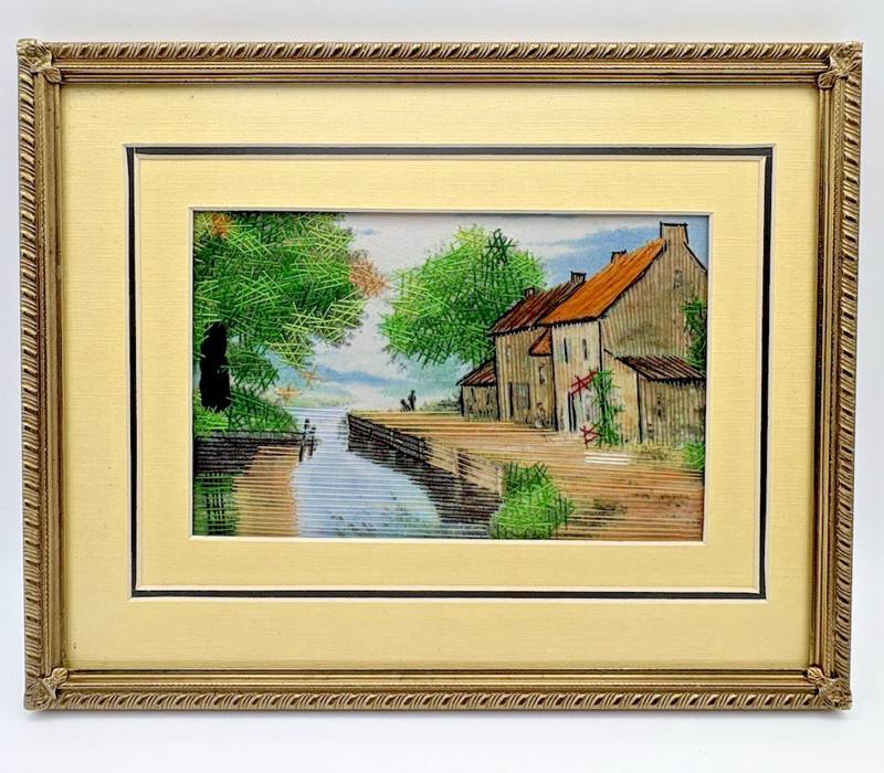 Vintage Asian Mid 20th Century Silk Embroidery Art Framed Matted 8″ x 10″