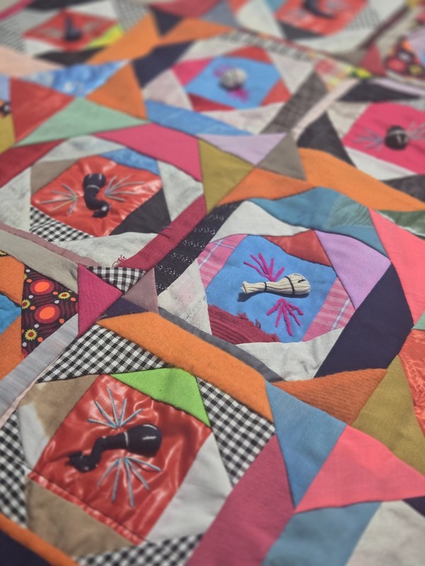Folk Art Chinese Patchwork Quilt Bai Jia Bei Signed 58.5"x55" gallery